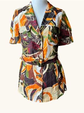 Escada Sport Linen Abstract Print Safari Shirt Belted Short Sleeve top sz 8